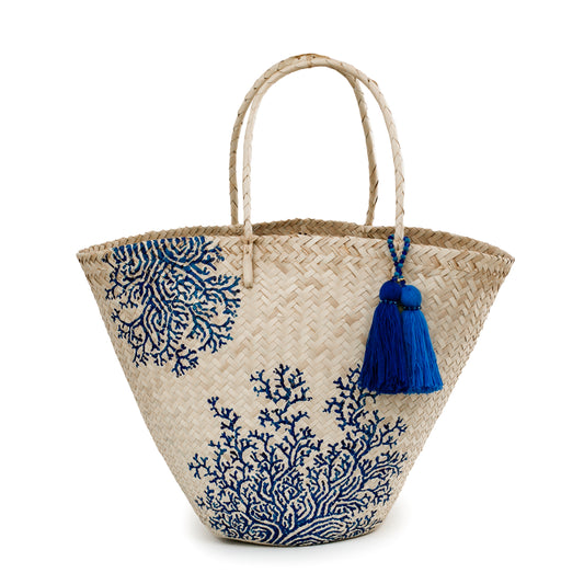 Coral in blue Straw Bag